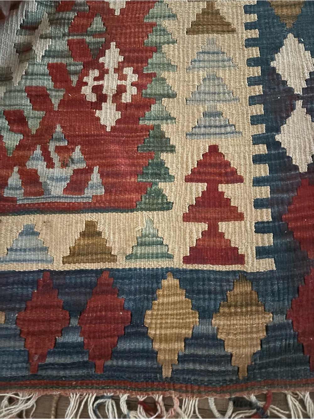 Handwoven Turkish Kilim Rug in Red, Blue & Tan wool navajo nwot 68x47